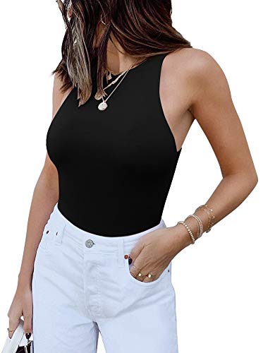 Womens Sexy Sleeveless High Neck Racer Back Halter Thong Bodysuits Leotard Tank Tops Black Large