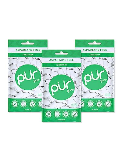 PUR Gum | Aspartame Free Chewing Gum | 100% Xylitol | Sugar Free, Vegan, Gluten Free & Keto Friendly | Natural Spearmint Flavored Gum, 55 Pieces (Pack of 3)
