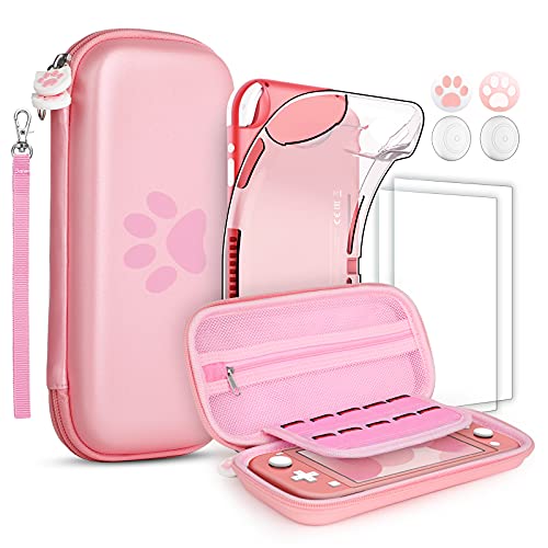 GeeRic 8PCS Case Compatible with Switch Lite, (Not Compatible With Switch) Carrying Case Accessories Kit, 1 Soft Silicon Case + 2 Screen Protector + 4 Thumb Caps + 1 Storage Carrying Bag Pink