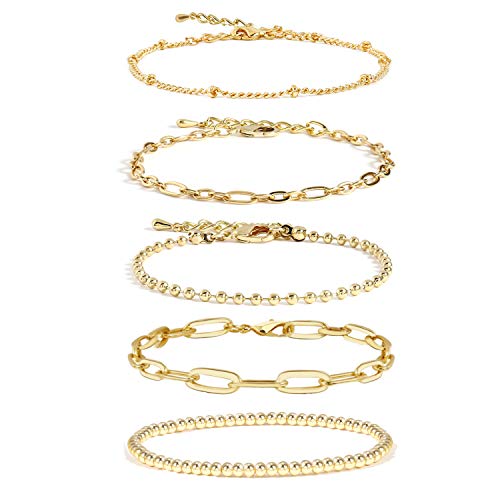 Gold Chain Bracelet Sets for Women Girls 14K Gold Plated Dainty Link Paperclip Bracelets Stake Adjustable Layered Gold Bracelet for Women Trendy Gold Jewelry For Women