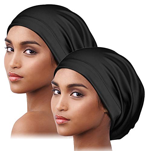 Silk Sleep Cap Hair Cover Curly Hair Buff for Sleeping Satin Lined Turban Black+Black