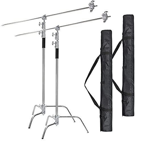 EACHSHOT C Stand 2 Packs with Bags Metal Max 10.8ft/330cm with 3.48ft/106cm Holding Arm 2 Pieces Grip Head for Godox AD400 Pro AD600 Pro AD600BM Aputure 120D 300D II for Photography Studio Video