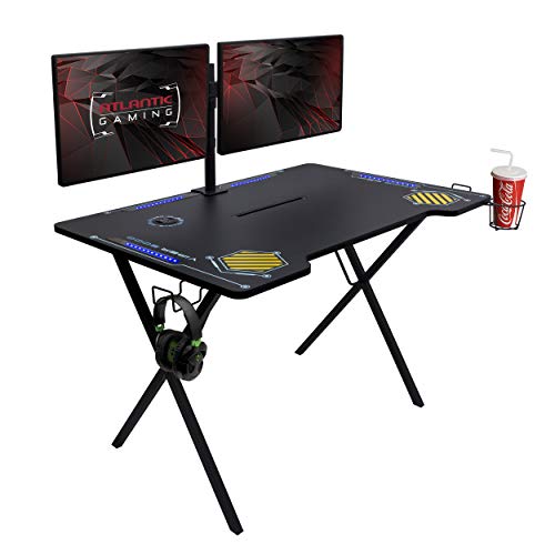 Atlantic Viper 3000 Gaming Desk – Single Laminated Surface, Heavy-Duty Steel X-Legs, Integrated LED, 3 USB 3.0 Ports, Smart Device Slot, Surge Protector Tray, Headset Hooks, PN 33906164 - Black