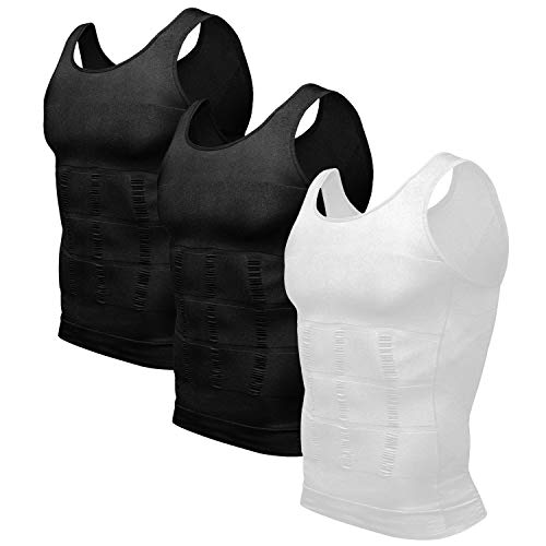 Odoland Men's 3 Pack Body Shaper Slimming Shirt Tummy Lose Weight Shirt, Black/Black/White, M