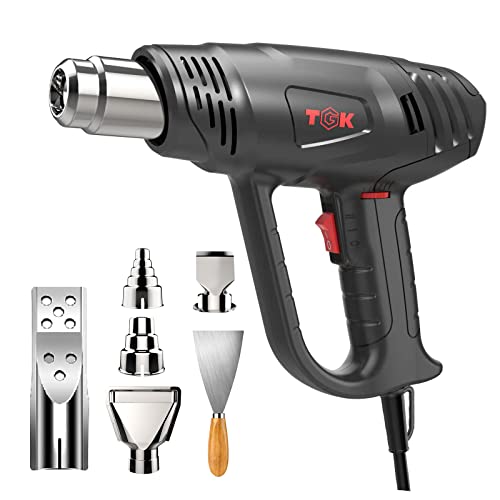 Heat Gun, TGK 1800W Heavy Duty Hot Air Gun Kit 122℉~1202℉ Dual Temperature Settings with 6 Nozzle Attachments Overload Protection for Crafts, Shrink Wrapping/Tubing, Paint Removing, Epoxy Resin