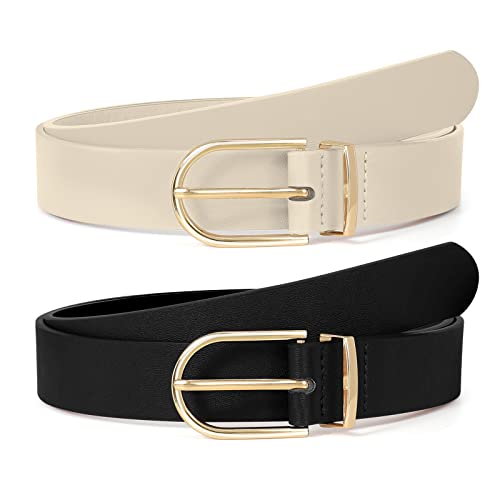 SUOSDEY 2 Pack Womens Fashion Leather Belts for Jeans Dresses Pants Black Brown Beige Ladies Belts with Gold Buckle