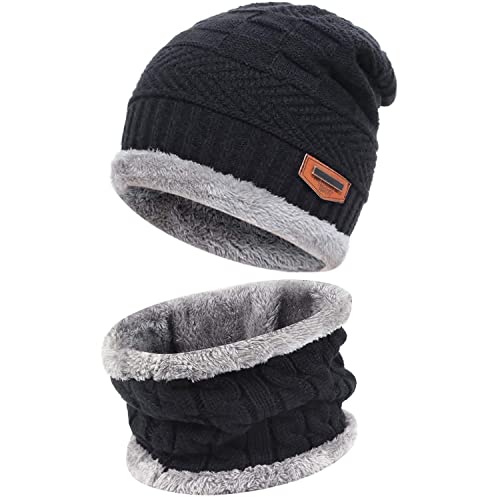 Mens Womens Winter Beanie Hat Scarf Set Warm Knit Hat Thick Fleece Lined Winter Cap Neck Warmer for Men Women A Black