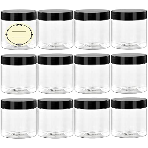 TUZAZO 4 Oz Plastic Containers with Lids and Labels BPA Free, Clear Empty Refillable Round 4oz Plastic Jars with Lids for Cosmetics, Lotions, Body Butter, Slime & Beauty Products (12 Pack)