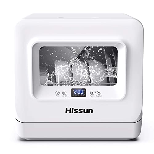 HISSUN Compact Portable Countertop Dishwasher 5 Washing Programs Portable Washer,3D Cyclone Spray, With Dishwashers Faucet Adapter, High-Temperature Clean, Child Lock