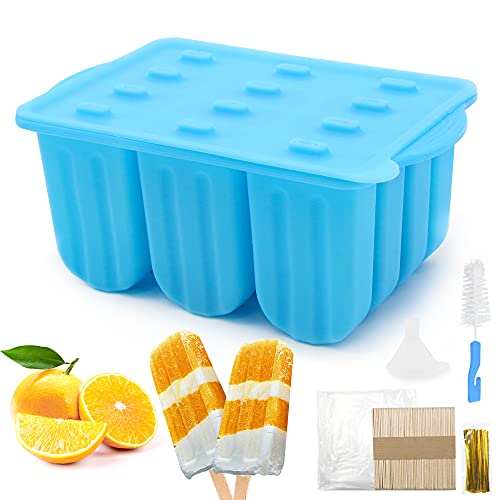 Popsicle Molds ,12 Cavities Silicone Popsicle Maker, Ice Pop Molds with 50 Wooden Sticks & 50 Parcel Bags & 50 Sealing Lines & Silicone Funnel & Cleaning Brush for DIY Ice Cream(Blue)