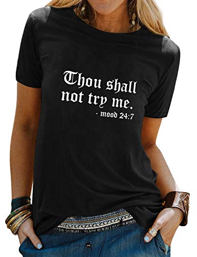 Dresswel Women Thou Shall Not Try Me Shirt Letter Print T-Shirt Funny Tee Tops Pocket Sweatshirt A-black
