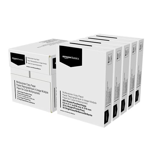 Amazon Basics Multipurpose Copy Printer Paper, 8.5' x 11', 20lb, 5 Ream (2500 Sheets), 92 Bright, White