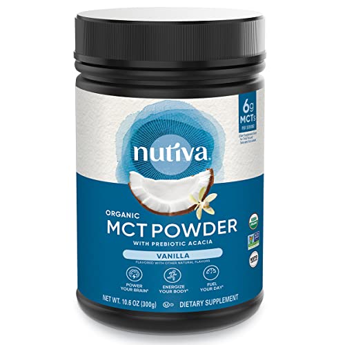 Nutiva Organic MCT Powder with Prebiotic Acacia Fiber, Vanilla, 10.6 Oz, USDA Organic, Non-GMO, Non-BPA, Vegan, Gluten-Free, Keto & Paleo, Instant Beverage or Boost to Coffee & Smoothies