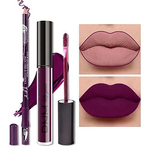 evpct 2Pcs Purple Plum Matte 24-hour Liquid Lipstick and Lip Liner Pencil Makeup Set Women DNM Dark Red Bright Berry Liquid Lipstick Matte Lip Tint 24H and with Lip Liner Set Waterproof Long Lasting 1