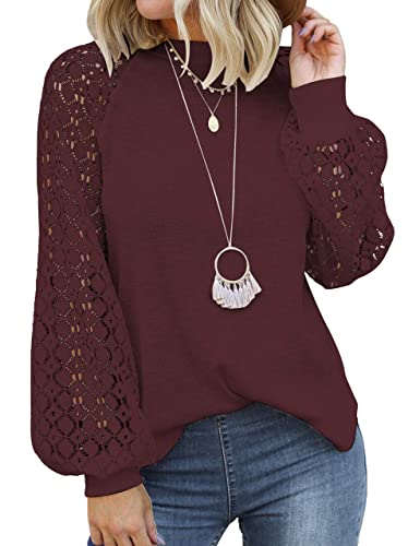 MIHOLL Ladies Tops Lace Puff Sleeve Casual Loose Blouses T Shirts (Wine Red, Medium)