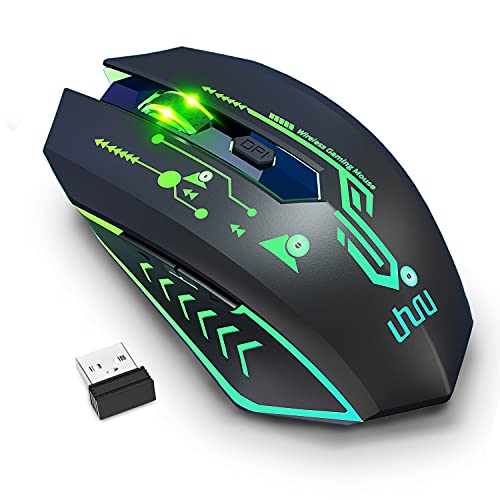UHURU WM-02Z Wireless Gaming Mouse, 2.4G Wireless Rechargeable Mouse with 6 Programmable Buttons, 5 Adjustable Levels DPI Up to 4800DPI, 7 Colorful LED Lights, Compatible with Notebook, PC, Mac