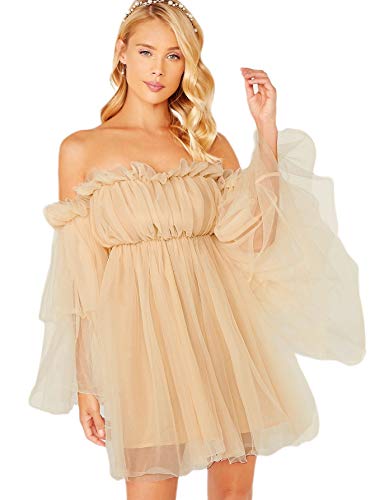 Romwe Women's Romantic Off Shoulder Flounce Long Sleeve Wedding Ruffle Mesh Party Mini Dress Beige, Pastel Small