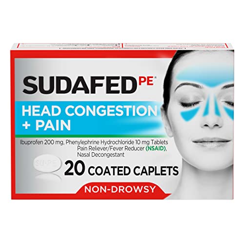 Sudafed PE Non-Drowsy Head Congestion + Pain Relief Caplets with Ibuprofen 200 mg & Phenylephrine HCl 10 mg, Nasal Decongestant & NSAID Pain Reliever & Fever Reducer, 20 ct