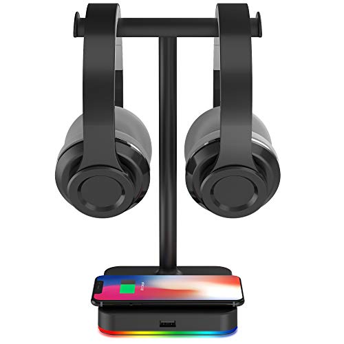 RGB Dual Headphone Stand with Wireless Charger KAFRI Desk Gaming Double Headset Holder Hanger Rack with 10W/7.5W QI Charging Pad and QC 3.0 USB Port - Suitable for Gamer Desktop Table Game Earphone