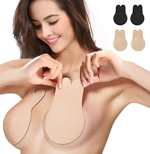 2 Pairs Adhesive Bra, Lift Nipple Covers Reusable Invisible Rabbit Lift Bra Pasties Backless Bras(Beige+Black) (X-Large)
