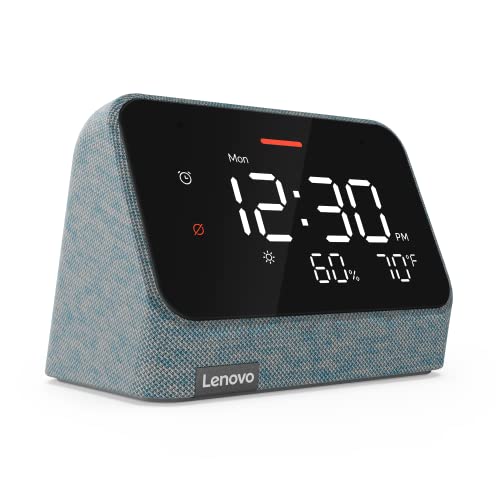 Lenovo Smart Clock Essential with Alexa Built-in - Digital LED with Auto-Adjust Brightness - Smart Alarm Clock with Speaker and Mic - Compatible Smart Clock Docking - Misty Blue