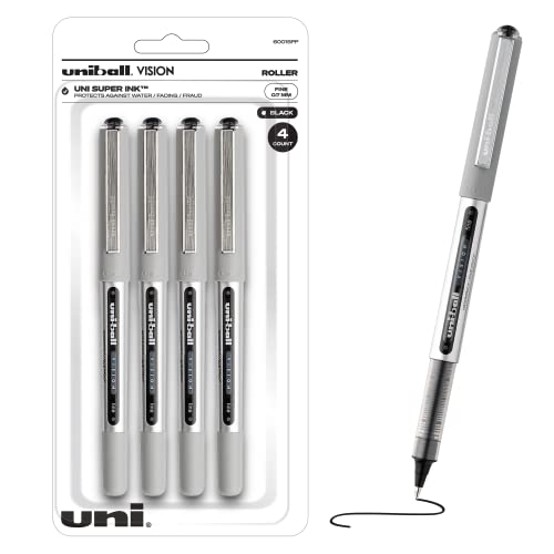 Uniball Vision Rollerball Black Pens Pack of 4, Fine Point Pens with 0.7mm Medium Black Ink, Ink Black Pen, Smooth Writing Bulk Pens, and Office Supplies