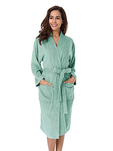 SIORO Terry Cloth Robe for Women Kimono Long Cotton Bathrobe for Spa Shower Hot Tub Hotel, Soft Absorbent Towel Robe Sleepwear with Pockets, Green Medium