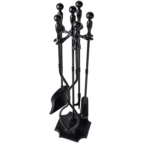 AMAGABELI GARDEN & HOME 5 Pcs Fireplace Tools Set Black Handle Wrought Iron Large Holder Outdoor Fireset Fire Pit Stand Indoor Rustic Tongs Shovel Antique Brush Chimney Poker Wood Accessories Kit