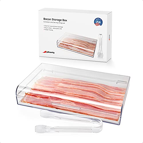 Pikanty - Bacon Container for Refrigerator | Fridge Storage and Deli Meat Keeper with Food Serving Tongs and Drain Plate | Dishwasher Safe | Made in USA
