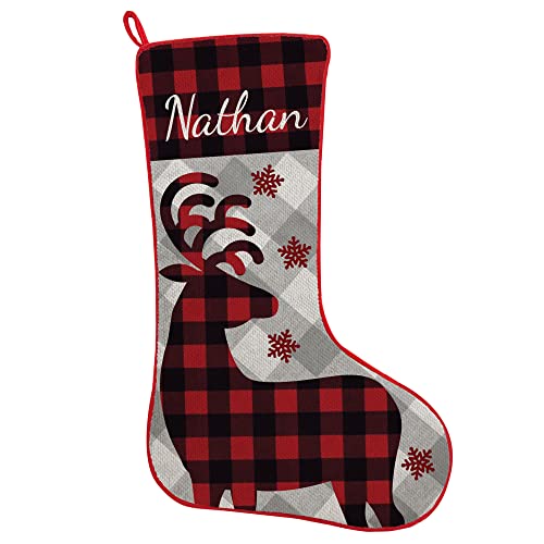 Let's Make Memories Personalized Christmas Stockings - Perfectly Plaid - Rustic Christmas Decor - Reindeer Design - Customize with Your Name - Stockings for Family - 19' L