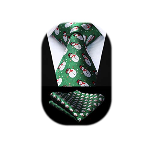 Light Green Snowman Christmas Ties for Men Holiday Festival Necktie Boys Funny Vacation Xmas Tie Handkerchief & Pocket Square Set for Party