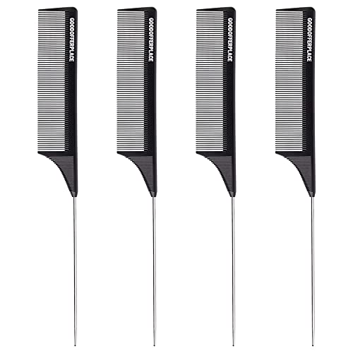 Goodofferplace 4PCS Hair Rat Tail Combs Carbon Parting Rattail Combs Teasing Fine Tooth Comb Metal Hair Pick Detangling Combs Set for Women,Girls for Curly,Braiding,Styling Hair(Black)