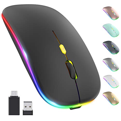 【Upgrade】 LED Wireless Mouse, Rechargeable Slim Silent Mouse 2.4G Portable Mobile Optical Office Mouse with USB & Type-c Receiver, 3 Adjustable DPI for Notebook, PC, Laptop, Computer, Desktop (Black)