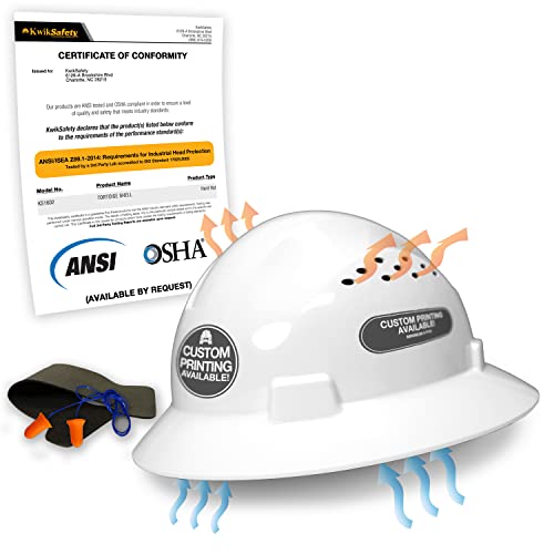 KwikSafety (Charlotte, NC) Tortoise Shell Hard Hat (18 Vents, Free Sweatband & Earplugs) Type 1 Class C ANSI OSHA Full Brim (One Size FITS Most) Construction Safari Safety Helmet Lightweight | White