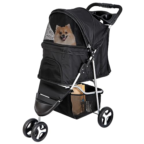 Foldable Pet Stroller for Cats and Dogs 3 Wheels Carrier Strolling Cart with Weather Cover, Storage Basket + Cup Holder