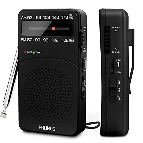 PRUNUS J-166 Small AM FM Radio Portable Transistor Radio Battery Operated Pocket Radio with NOAA Weather Band, Tuning Light, Back Clip, Excellent Reception for Outdoor & Indoor & Emergencies
