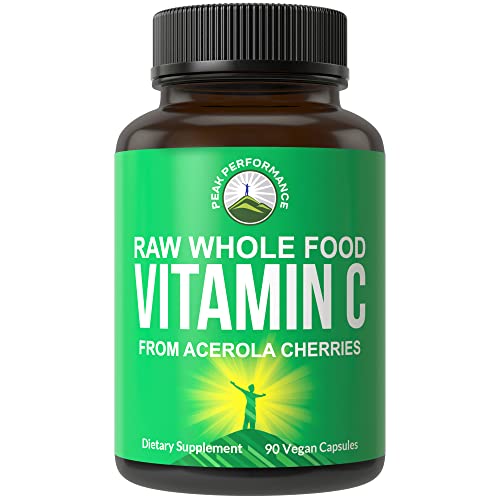 Peak Performance Raw Whole Food Natural Vitamin C Capsules from Acerola Cherry for Max Absorption. Vegan USA Sourced Vitamin C Supplement 90 Pills. 500 mg Serving or 2 Servings 1000mg
