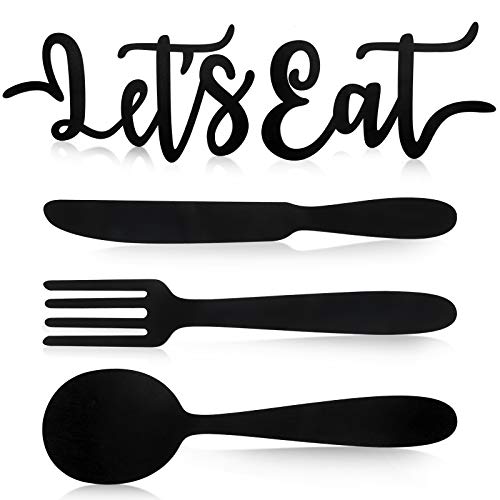 Yerliker 5 Pieces Let's Eat Sign, Wooden Fork Spoon Knife Sign Wall Decor, Rustic Cutout Eat Kitchen Decor for Home Dining Living Room Bar Cafe Restaurant (Black)