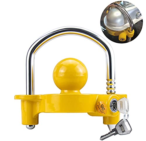 Funmit Trailer Lock Universal Coupler Ball Lock Fits 1-7/8', 2', and 2-5/16' Couplers, Boat Camper Accessories for Travel Trailers Adjustable Heavy-Duty Steel Hitch Lock Yellow