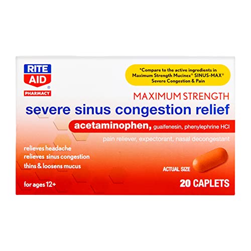Rite Aid Severe Sinus Medicine and Nasal Decongestant, Maximum Strength - 20 Caplets | Sinus Relief | Pain Relief | Multi-Symptom Cold and Flu Medicine | Severe Cold & Sinus Medicine for Adults