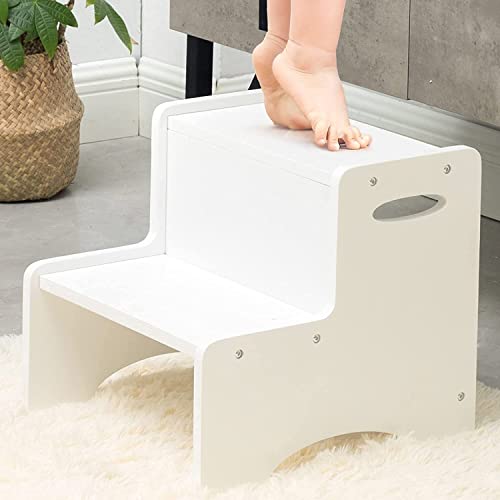 WOOD CITY Wooden Toddler Step Stool for Kids, White Two Step Children's Potty Stool with Handles, Bonus Non-Slip Pads for Safety, Bathroom & Kitchen, Dual Height