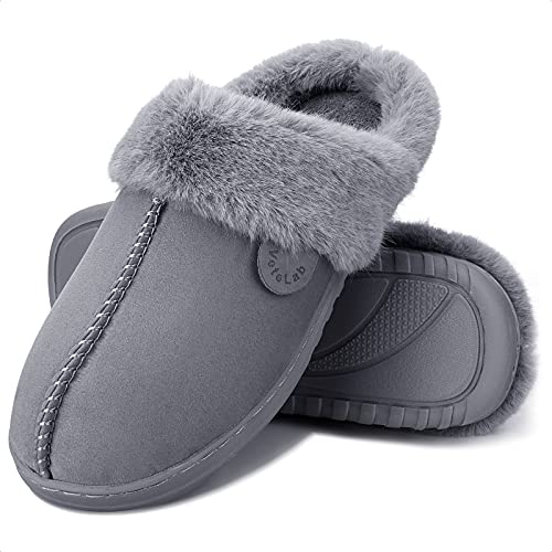 Memory Foam Fuzzy Women's Slippers - Soft Warm No Slip Fur On House Slippers, Cozy Fluffy for Indoor Bedroom Shoes, Stocking Stuffers Gifts for Women, Grey, Size 9.5, 10