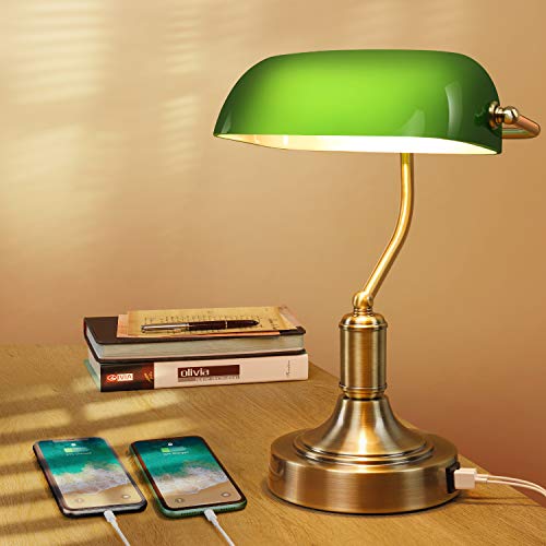 Mlambert Green Glass Banker’s Lamp with 2 Fast USB Charging Ports, 3 Way Dimmable Desk Lamp, Touch Control Vintage Table Lamp for Workplaces, Library, Bedroom, Piano Style Lamp