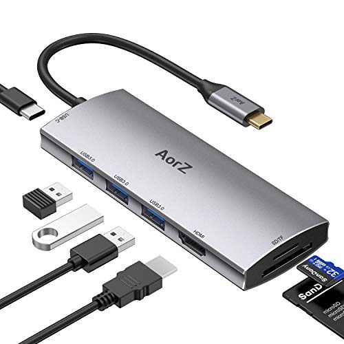 USB C Hub, USB Hub to HDMI Multiport AorZ USB C Dongle Adapter 7 in 1 with 4K HDMI Output,3 USB 3.0 Ports,SD/Micro SD Card Reader,100W PD,Compatible with MacBook Pro Air HP XPS and More Type C Device