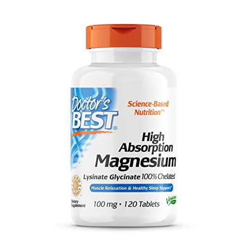 Doctor's Best High Absorption Magnesium Glycinate Lysinate, 100% Chelated, TRACCS, Not Buffered, Non-GMO, Vegan, Gluten & Soy Free, 100 mg, 120 Tablets (Packaging May Vary)
