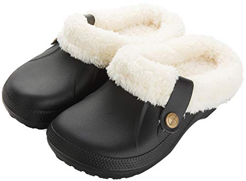 ChayChax Waterproof Slippers Women Men Fur Lined Clogs Winter Garden Shoes Warm House Slippers Indoor Outdoor Mules, Black, 6-7 Women/5-6 Men