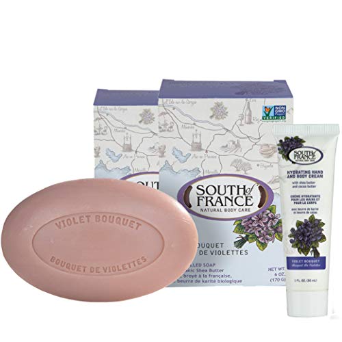 Violet Bouquet Clean Bar Soap + Travel Size Hand & Body Cream by South of France Clean Body Care| Triple-Milled French Soap| Organic Shea Butter + Essential Oils| Vegan, Non-GMO |6 oz Bar – 2 Pack