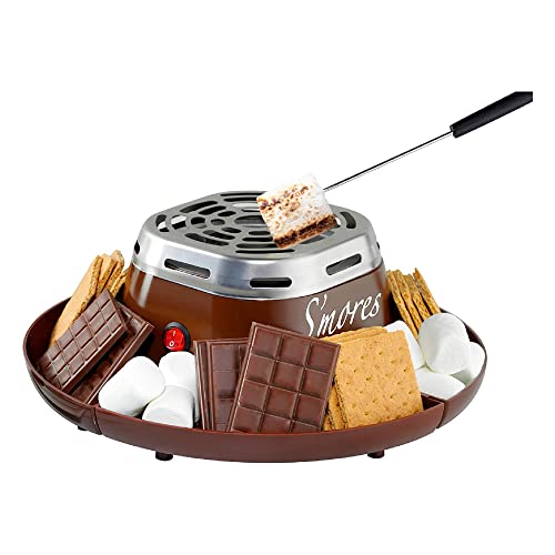 Nostalgia Tabletop Indoor Electric S'mores Maker - Smores Kit With Marshmallow Roasting Sticks and 4 Trays for Graham Crackers, Chocolate, and Marshmallows - Movie Night Supplies - Brown