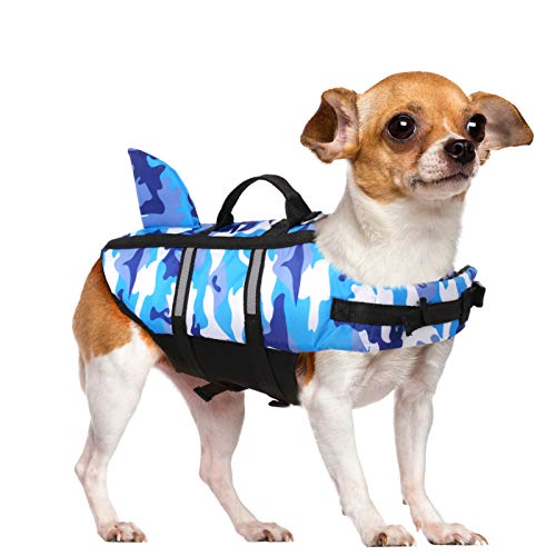 Queenmore Dog Life Jacket Pet Safety Vest High Buoyancy Camouflage Color Cute Shark with Strong Rescue Handle and Leash Ring for Boating, Canoeing, Surfing, Hunting, Blue L