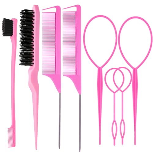 ZVOREI 8Pcs Hair Brushes Set with 4Pcs Topsy Hair Tail Tools 1Pcs Bristle Teasing Hair Brush 1Pcs Edge Control Brush 2Pcs Metal Pin Rat Tail Combs for Woman Girl Hair Styling,Edge&Back Brushing,Pink